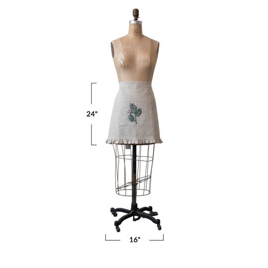 Hello Honey® Natural, Green & Red Woven Cotton & Linen Half Apron with Hand-Embroidered Holly, French Knots, Pocket & Ruffle